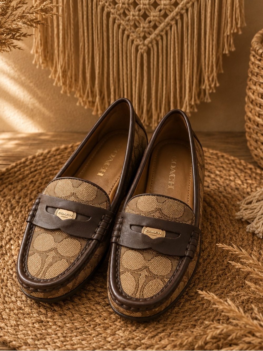 Coach Tan and Brown Signature Jacquard Penny Loafers - Women